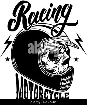 Les courses de moto. Biker crâne dans racer casque. Pour logo, étiquette, panneau, Affiche, carte. Image vectorielle Illustration de Vecteur