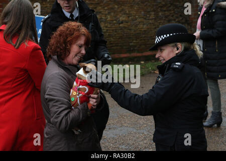 Sandringham, Norfolk, Royaume-Uni. Dec 30, 2018. Une dame avec un petit chien est accueilli par un agent de police comme elle par le goe de contrôle de la police devant Sa Majesté la Reine Elizabeth II assiste à l'Eglise Sainte-marie Madeleine de dimanche matin, à Sandringham, Norfolk, le 30 décembre 2018. Crédit : Paul Marriott/Alamy Live News Banque D'Images