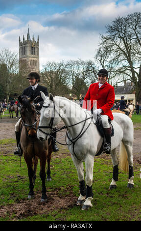 Melton Mowbray, Leicestershire, UK. 1er janvier 2019. La chasse - un de Cottesmore England's premier hunts fondée en 1696 et tient son nom de l'Ile village de Quorn, hounds kenneled entre 1753 à1 904 démarre à partir de la ville de Melton Mowbray estate park et le parc. Belvoir Hunt répondre à jouer à proximité Park Crédit : Clifford Norton/Alamy Live News Banque D'Images