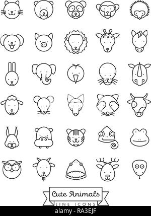 Collection de visages animal mignon ligne vectorielle d'icônes. Animal de compagnie, du bétail et des animaux sauvages des symboles. Illustration de Vecteur