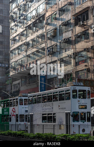 Les trams de la file d'Hennessy Road ci-dessous appartements haute densité étincelant dans le soleil de fin d'après-midi Banque D'Images