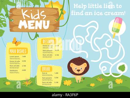 Aliments pour enfants menu design template avec mignon petit personnage - jungle lion sur fond de forêt tropicale. L'éducation des enfants ou du jeu de labyrinthe. Illustration de Vecteur