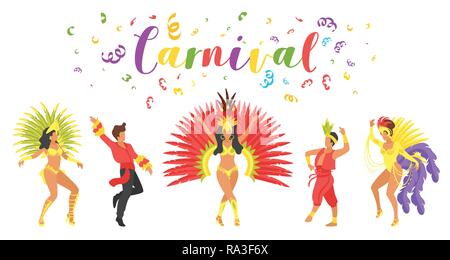 Groupe Carnival of dancing people silhouettes en habits de fête traditionnelle avec des plumes isolé sur fond blanc. Vector illustration. Illustration de Vecteur