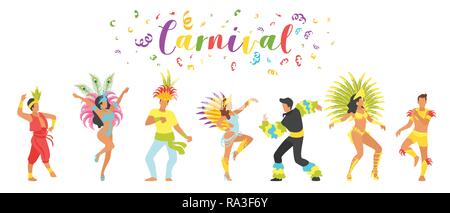 Groupe Carnival of dancing people silhouettes en habits de fête traditionnelle avec des plumes isolé sur fond blanc. Vector illustration. Illustration de Vecteur