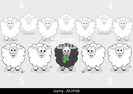 Mouton noir entouré de moutons blancs Illustration de Vecteur
