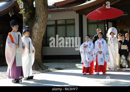 Mariage Shinto procession avec mariée de porter le watabōshi capot blanc traditionnel à marcher avec le marié dans le Sanctuaire Shinto de Meiji Jingu Banque D'Images