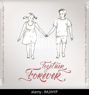Carte romantique Saint-Valentin avec garçon et fille tenant la main et lettrage saing brosse Ensemble pour toujours. Illustration de Vecteur