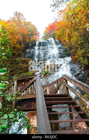 Cascade pittoresque vue dans Amicalola State Park, Georgia, United States. L'eau s'écoule d'entre les grands arbres de l'automne. Banque D'Images