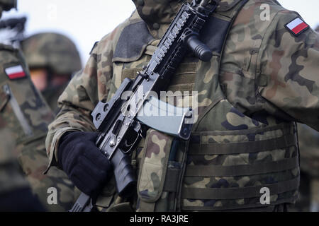 Bucarest, Roumanie - 1 décembre 2018 : des soldats polonais avec des caméras sur les casques et armés de fusils d'assaut Beryl (sites, vertical foreg holographique Banque D'Images