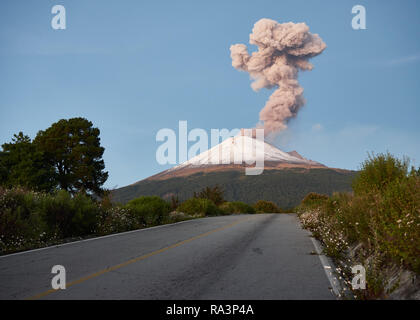 Colonne de fumée sur volcan Popocatepetl vu de la rue Ruta de Evacuación, Puebla, Mexique Banque D'Images