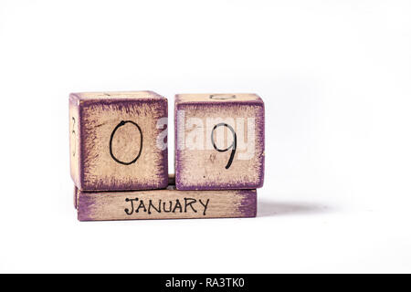 Bloc en bois coloré Calendrier Perpétuel montrant le 9 Janvier Banque D'Images