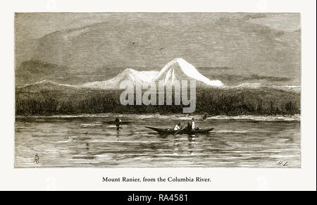 Mount Ranier, à partir de la rivière Columbia, Washington, United States, American Victorian gravure, 1872 Banque D'Images