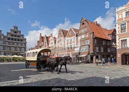 Balade en calèche en face de maisons en briques, Am Sande, Lunebourg, Basse-Saxe, Allemagne Banque D'Images