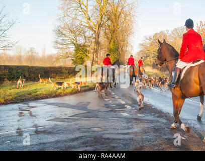 . Le Cheshire Fox hunt sur leur répondre la veille de Noël dans le village de Bunbury limite désormais à un parfum et faites glisser la chasse à courre Banque D'Images