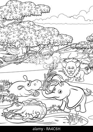 Cartoon Animal Safari Scène paysage en arrière-plan Illustration de Vecteur