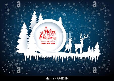 Abstract design d'hiver avec des flocons de neige et cerfs. Coupe papier réalistes saisonnières blue holiday card. Illustration de Vecteur