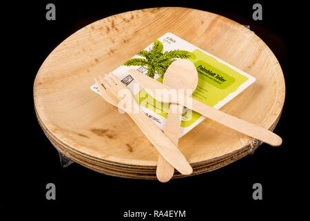 Les couverts jetables en bois, recyclable, plaque de feuille de palmier, respectueuse de l'environnement Banque D'Images