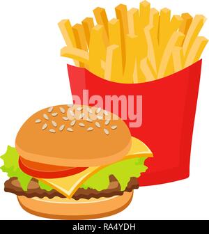 Jeu de restauration rapide hamburger et frites sur fond blanc. Illustration Raster sur fond blanc Banque D'Images