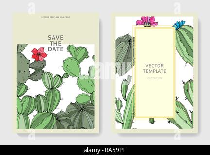 Vector floral fleur de cactus vert botanique. Encre gravée mariage art floral fond carte bordure décorative. Illustration de Vecteur