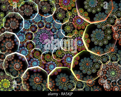 La neige colorée fractal. Fond d'hiver avec des flocons formant des motifs en spirale sur fond bleu Banque D'Images