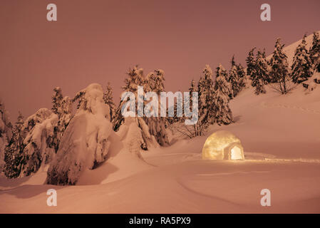 Winter Wonderland avec neige igloo. Scène de nuit de neige sapins et Snowdrift. En rouge paysage Banque D'Images