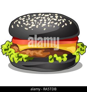 Black big burger de boeuf escalope avec viande, fromage fondu, feuille de laitue et tomate isolé sur fond blanc. Cartoon Vector illustration close-up. Illustration de Vecteur