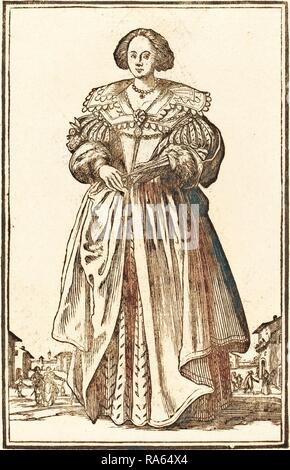 Après Jacques Callot, femme noble avec ventilateur, gravure sur bois. Repensé par Gibon. L'art classique avec une touche moderne repensé Banque D'Images