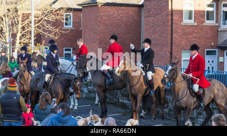 Morpeth, Northumberland, Angleterre. 1er janvier 2019. L'Eleuthera Hunt qui date de 1818 se réunit pour leur première sortie de l'année. Crédit : Joseph Gaul/Alamy Live News Banque D'Images