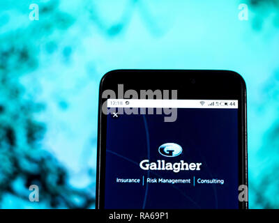 Kiev, Ukraine. 1er janvier 2019. Arthur J. Gallagher & Co. d'avion logo de l'entreprise vu affichée sur un téléphone intelligent. Crédit : Igor Golovniov SOPA/Images/ZUMA/Alamy Fil Live News Banque D'Images