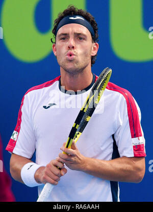 Doha, Qatar. 1er janvier 2019. Marco Cecchinato de l'Italie réagit au premier tour match contre Sergiy Stakhovsky de l'Ukraine à l'ATP de l'Open du Qatar de tennis à Doha, capitale du Qatar, le 1 er janvier 2019. Credit : Nikku/Xinhua/Alamy Live News Banque D'Images