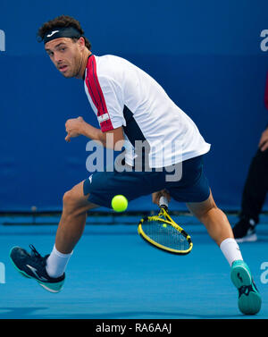 Doha, Qatar. 1er janvier 2019. Marco Cecchinato de l'Italie renvoie la balle au cours du premier match contre Sergiy Stakhovsky de l'Ukraine à l'ATP de l'Open du Qatar de tennis à Doha, capitale du Qatar, le 1 er janvier 2019. Credit : Nikku/Xinhua/Alamy Live News Banque D'Images