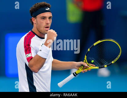 Doha, Qatar. 1er janvier 2019. Marco Cecchinato de l'Italie célèbre durant la première ronde match contre Sergiy Stakhovsky de l'Ukraine à l'ATP de l'Open du Qatar de tennis à Doha, capitale du Qatar, le 1 er janvier 2019. Credit : Nikku/Xinhua/Alamy Live News Banque D'Images