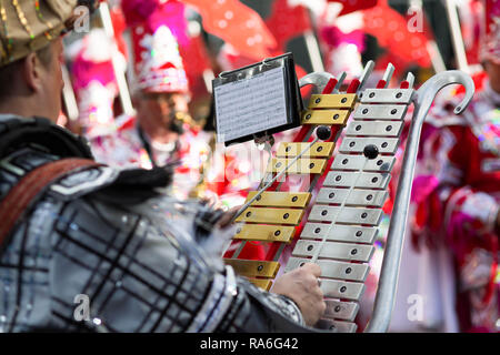 Les membres de l'Ferko String Band effectuer pendant la Mummers Parade de Philadelphie. Des centaines d'artistes interprètes ou exécutants, des comics et des musiciens se sont réunis pour la 118e Défilé annuel Mummers Philadelphie.L'Assemblée le jour de l'an la tradition rassemble diverses brigades de tous les quartiers de Philadelphie dans l'une des plus anciennes des États-Unis des festivals folkloriques. En plus de costumes colorés, les mimes des sketches et jouer des instruments de musique. Banque D'Images