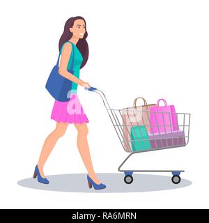 Belle jeune femme avec panier plein de paquets avec des achats. Happy smiling woman faire du shopping. Vector illustration style de télévision, isolé Illustration de Vecteur