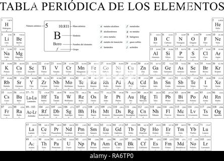 La fenêtre PERIODICA TABLA DE LOS ELEMENTOS -Tableau périodique des éléments en langue espagnole- en noir et blanc avec les 4 nouveaux éléments Illustration de Vecteur