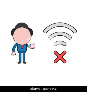Vector illustration concept de caractère avec connexion Wi-Fi au réseau local sans fil d'affaires avec le symbole x marque et montrant le feu stop. Couleur et contours noirs. Illustration de Vecteur