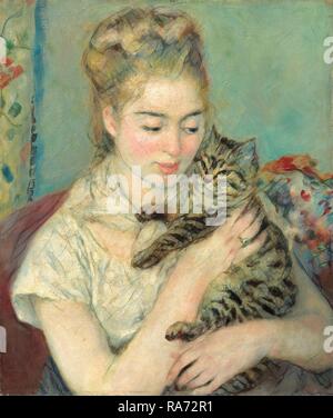 Auguste Renoir, femme avec un chat, Français, 1841 - 1919, ch. 1875, huile sur toile. Repensé par Gibon. L'art classique avec repensé Banque D'Images