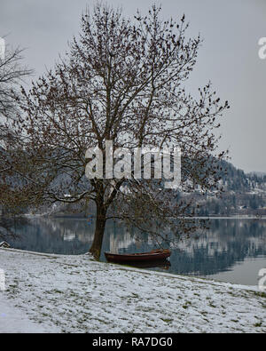 Scène d'hiver d'un seul arbre d'un lac et d'un canot, tous recouverts d'une mince couche de neige liight. Arrière-plan de montagne se reflétant dans le lac de Banque D'Images