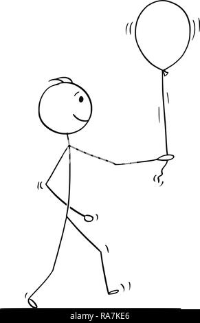 Cartoon Caractères Bâton de Man Walking With Balloon Illustration de Vecteur