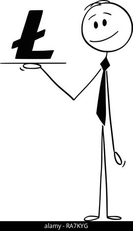 Caricature de serveur ou Businessman Holding Salver ou bac avec Litecoin Cryptocurrency Symbole monétaire Illustration de Vecteur