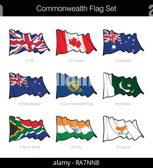 Commonwealth Waving Flag Set. L'ensemble comprend le pavillon d'UK, Canada, Australie, Nouvelle-Zélande, Pakistan, Inde, Afrique du Sud, Chypre et la Commonwe Illustration de Vecteur