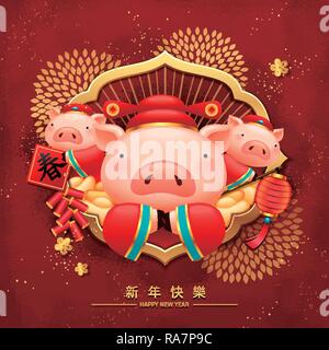 La conception de l'affiche de l'année lunaire avec de belles piggy en costumes traditionnels, bonne année et au printemps mot écrit en caractères chinois Illustration de Vecteur