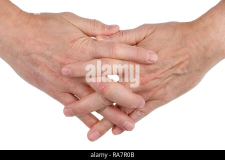 Vieux personnes âgées malades entre les mains des hommes sont entrelacées avec les doigts comme un symbole d'amitié et d'amour. Isolated on white studio concept macro Banque D'Images