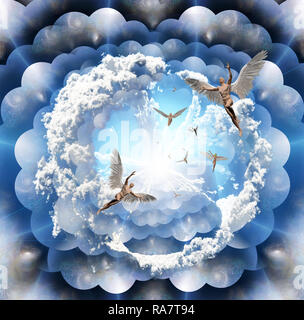 Le surréalisme. Les gens avec des ailes représente des anges de lumière. En couches multiples espaces. Banque D'Images