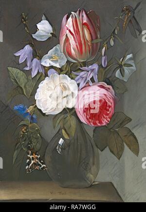 Jan Philips van Thielen, roses et d'une tulipe dans un vase de verre, Flamand, 1618 - 1667, ch. 1650-1660, huile sur panneau repensé Banque D'Images