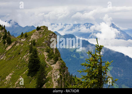Le sentier panoramique le long du bord de l'escarpement abrupt de Schynige Platte, Oberland Bernois, Suisse : à l'ouest de l'Oberberghorn Banque D'Images