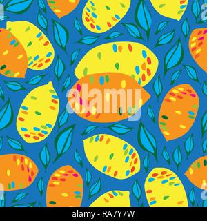 Les citrons et Leaves-Fruit Delight de répétition parfaite illustration .Contexte en jaune orange rouge bleu et vert délicat.. Schéma de surface, parfait pour le tissu, Album, papier peint. Illustration de Vecteur