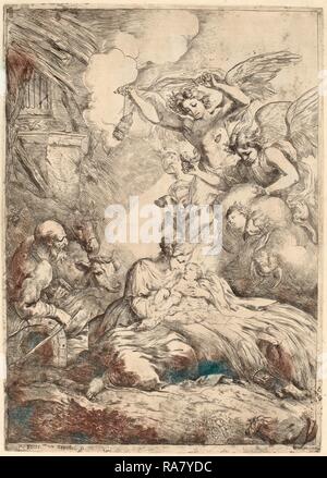 Bartolomeo Biscaino (Italien, 1632 - 1657), la Sainte Famille adorée par les Anges (La Grande Nativité), de gravure sur bois repensé Banque D'Images