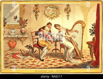 L'harmonie avant le mariage, Gillray, James, 1756-1815, graveur, [Paris], 1805, une jeune femme et un quartier chic repensé Banque D'Images