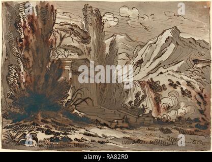 Felice Giani (Italien, 1758 - 1823), Paysage montagneux avec Temple classique, plume et encre brune avec lavis repensé Banque D'Images